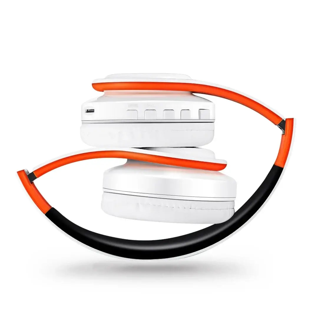 Bluetooth headphones with mic in orange and white, showcasing sleek design and comfortable memory foam pads.