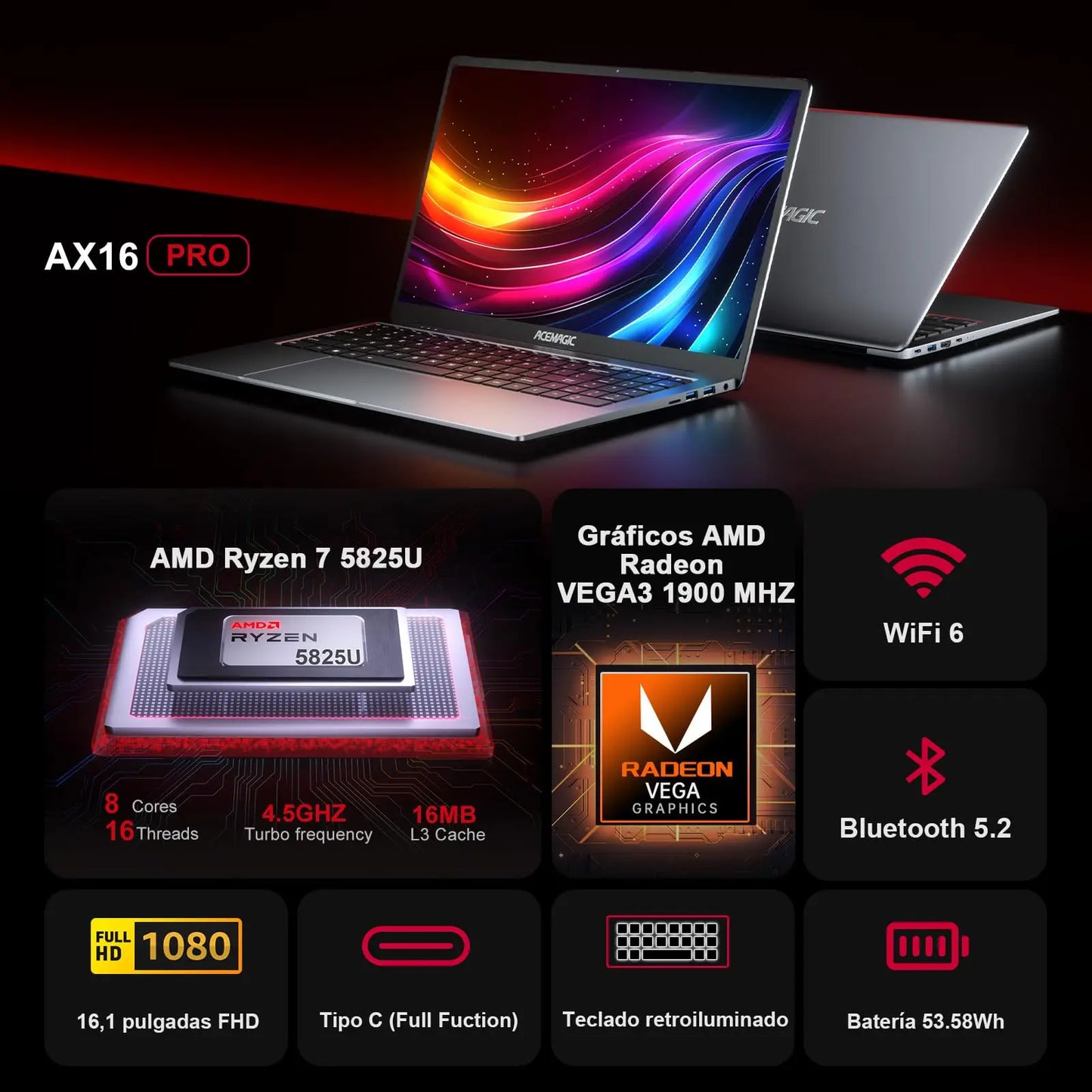 Laptop | ACEMAGIC Gaming Notebook AMD Ryzen 7 5700U(Beat i7-1265U)Backlit Laptop Keyboard RAM 16GB NVME SSD 512GB 16.1" Full HD 1920x1080