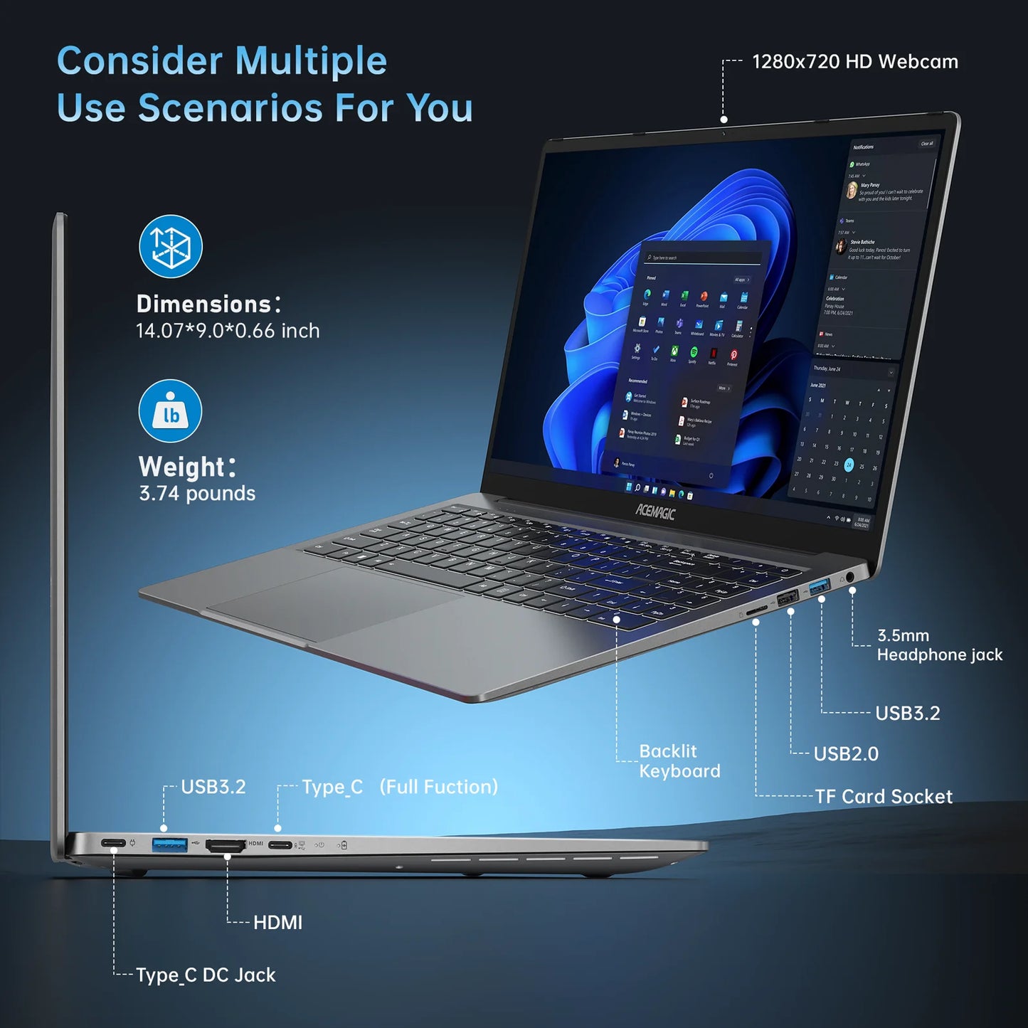 Laptop | ACEMAGIC Gaming Notebook AMD Ryzen 7 5700U(Beat i7-1265U)Backlit Laptop Keyboard RAM 16GB NVME SSD 512GB 16.1" Full HD 1920x1080
