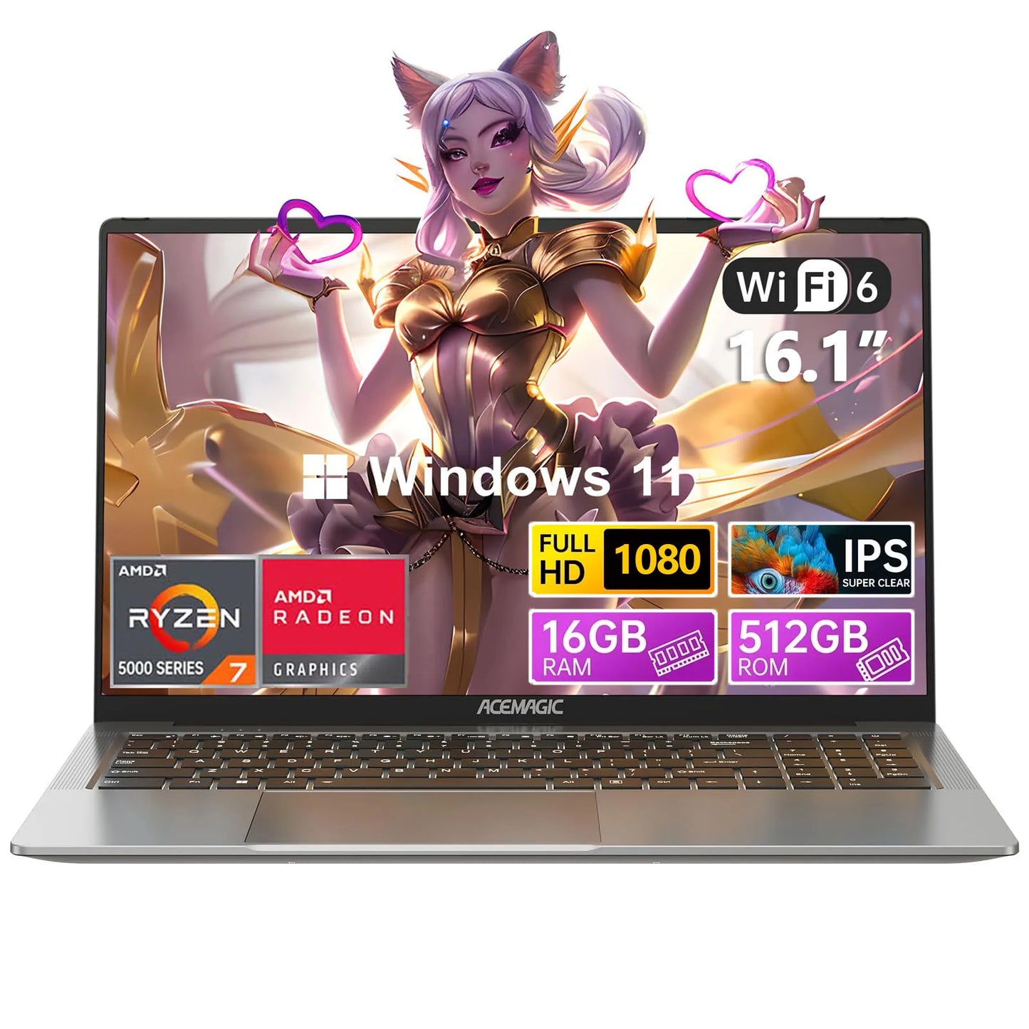 Laptop | ACEMAGIC Gaming Notebook AMD Ryzen 7 5700U(Beat i7-1265U)Backlit Laptop Keyboard RAM 16GB NVME SSD 512GB 16.1" Full HD 1920x1080