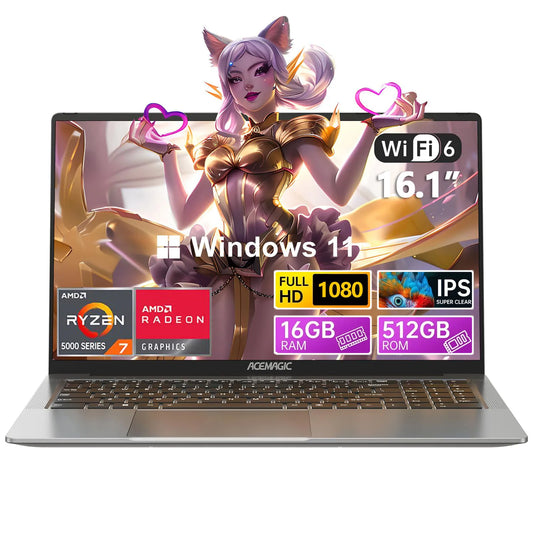 Laptop | ACEMAGIC Gaming Notebook AMD Ryzen 7 5700U(Beat i7-1265U)Backlit Laptop Keyboard RAM 16GB NVME SSD 512GB 16.1" Full HD 1920x1080