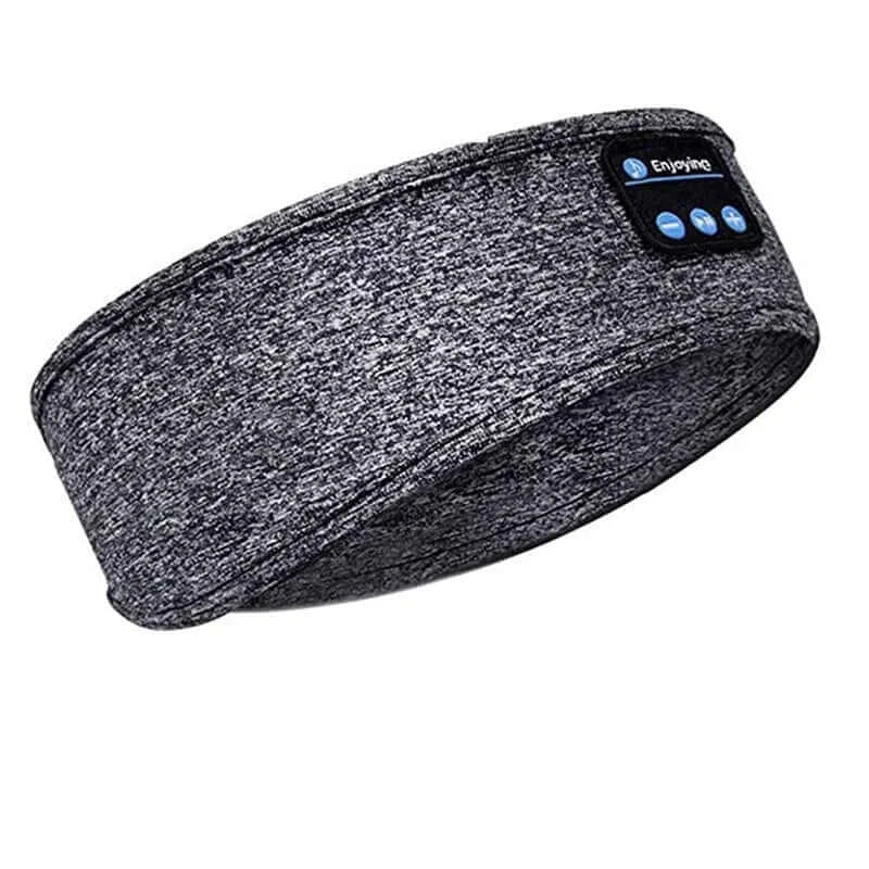 Gray music headband and sleeping mask with Bluetooth 5.0 for comfortable sleep and relaxation.